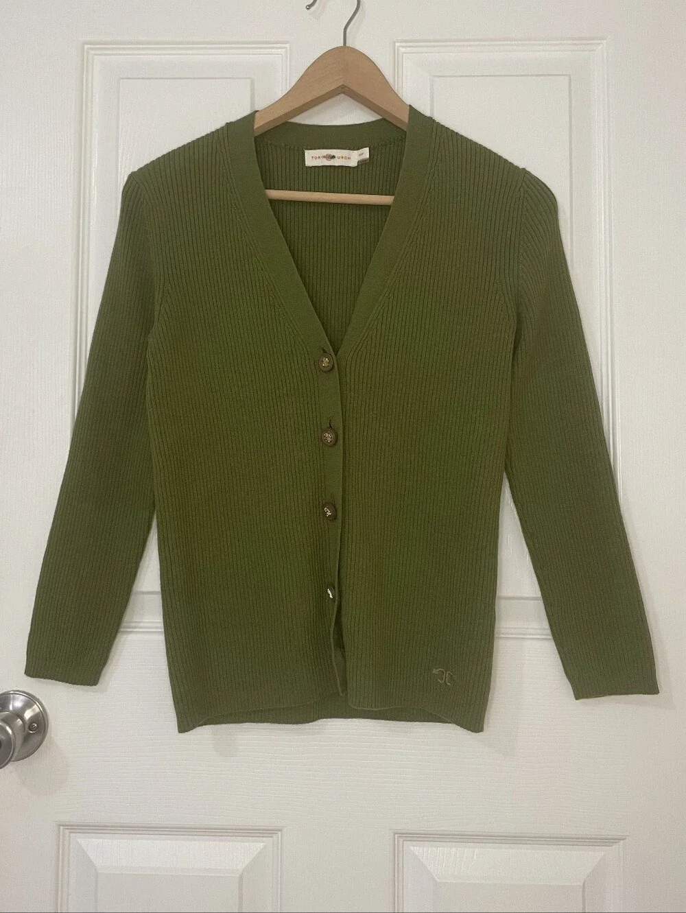Tory Burch Merino Wool Olive Green Ribbed V-Neck Cardigan Size S